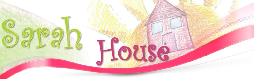 Sarah House Logo with crayon drawing of purple house and yellow sun.